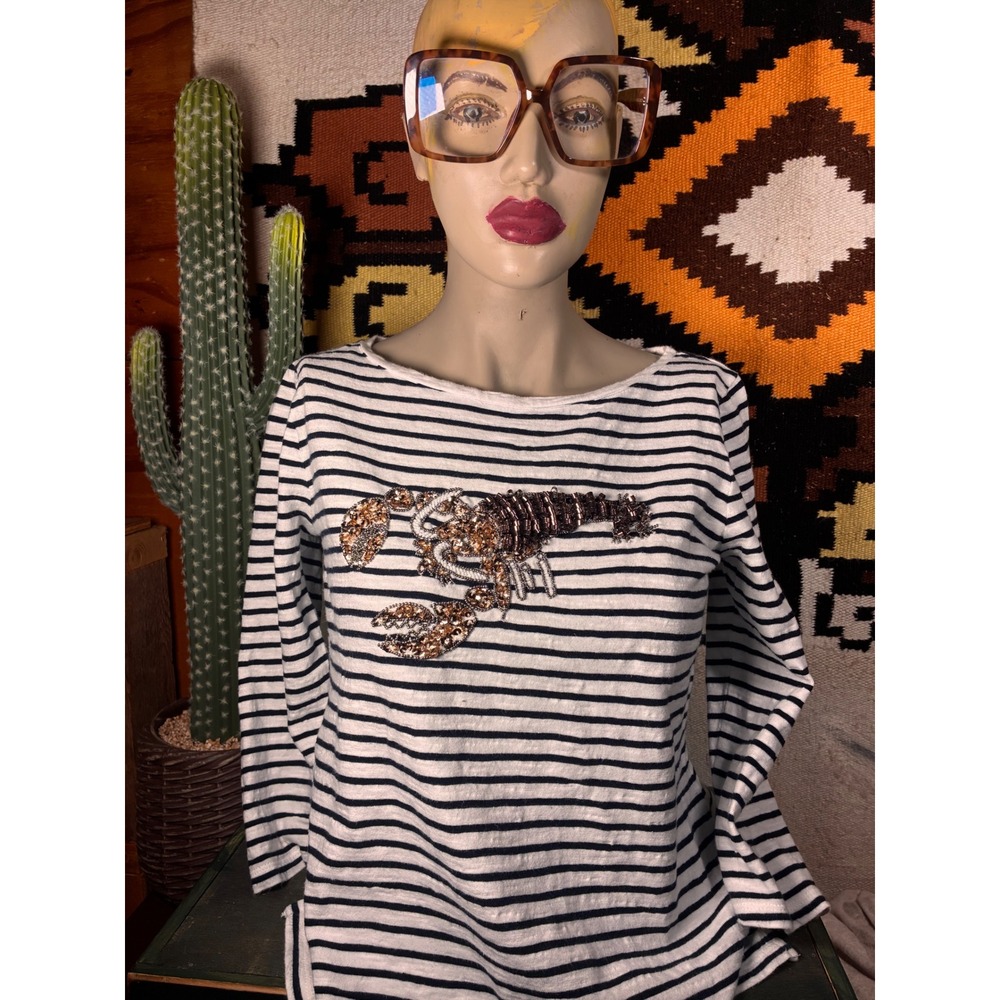 Talbots Lobster Top Women SP White Black Striped Beaded Sequin Long Sleeve Tee